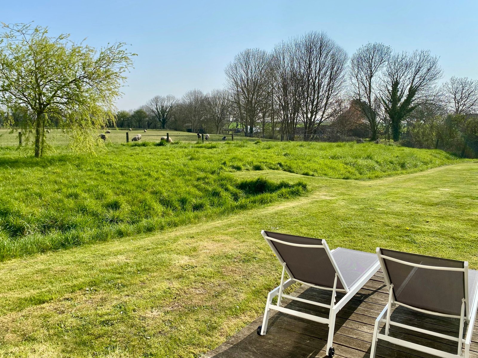 Terrasse privée du Loft Spa avec mobilier de jardin et vue sur la campagne de Courtils.